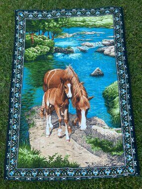 Vintage ATC New York Horses Landscape 100% Cotton Tapestry Panel Hanging 38"x57"